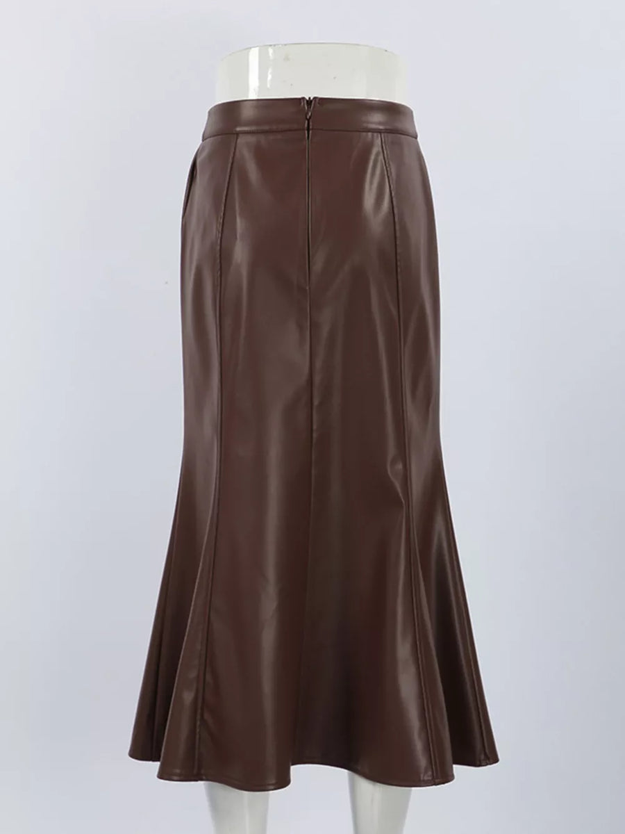 Slit Mermaid Midi Skirt in Khaki with seam detail