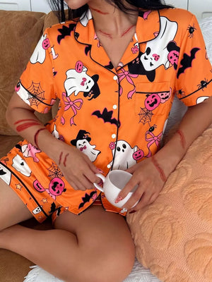 Yellow pajama set featuring buttoned and Halloween print