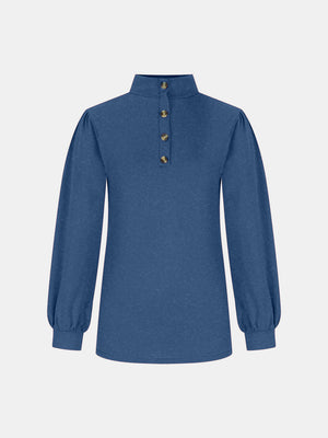 Dusty Blue button-back mock neck top with puff sleeves