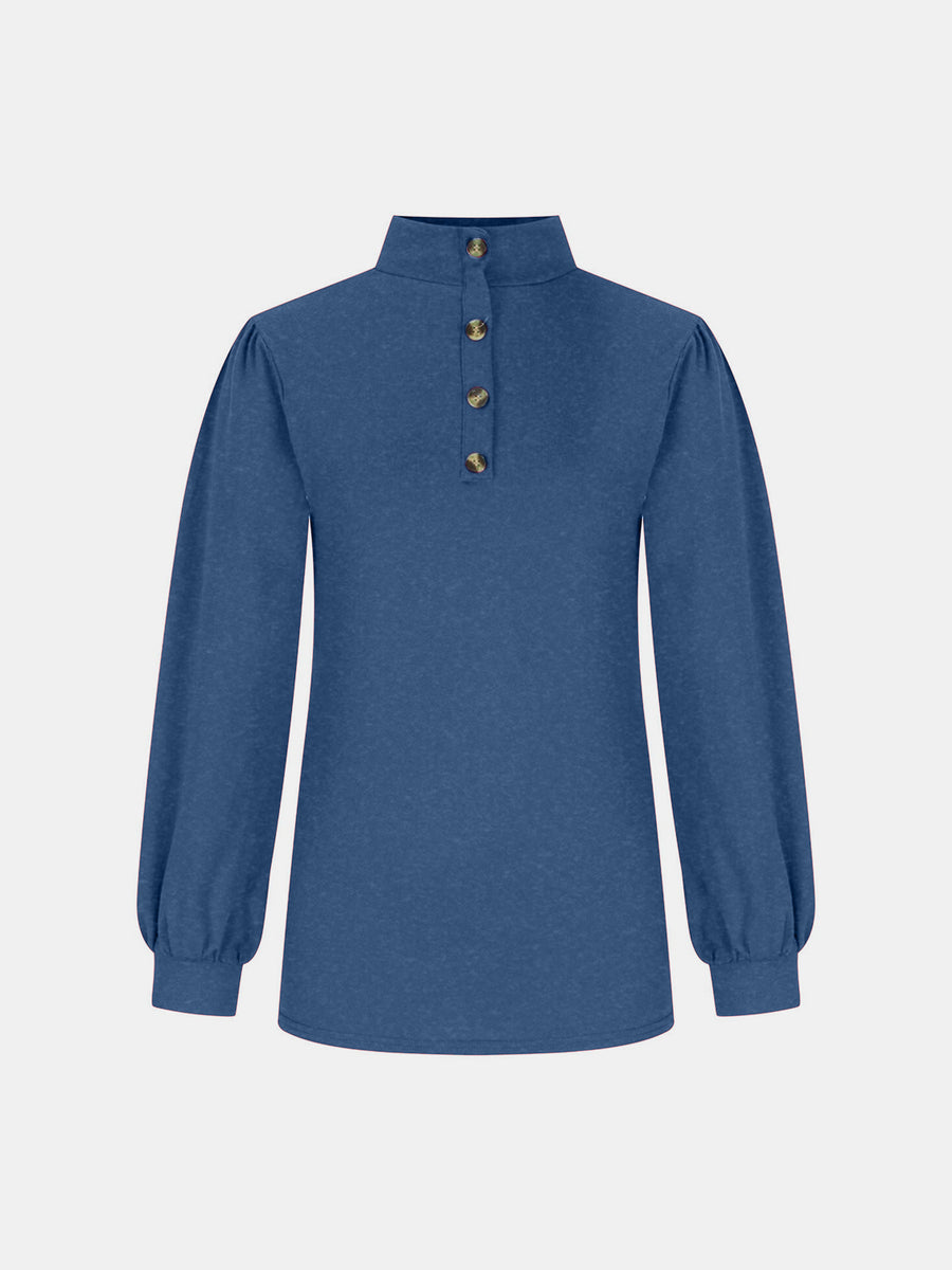 Dusty Blue button-back mock neck top with puff sleeves