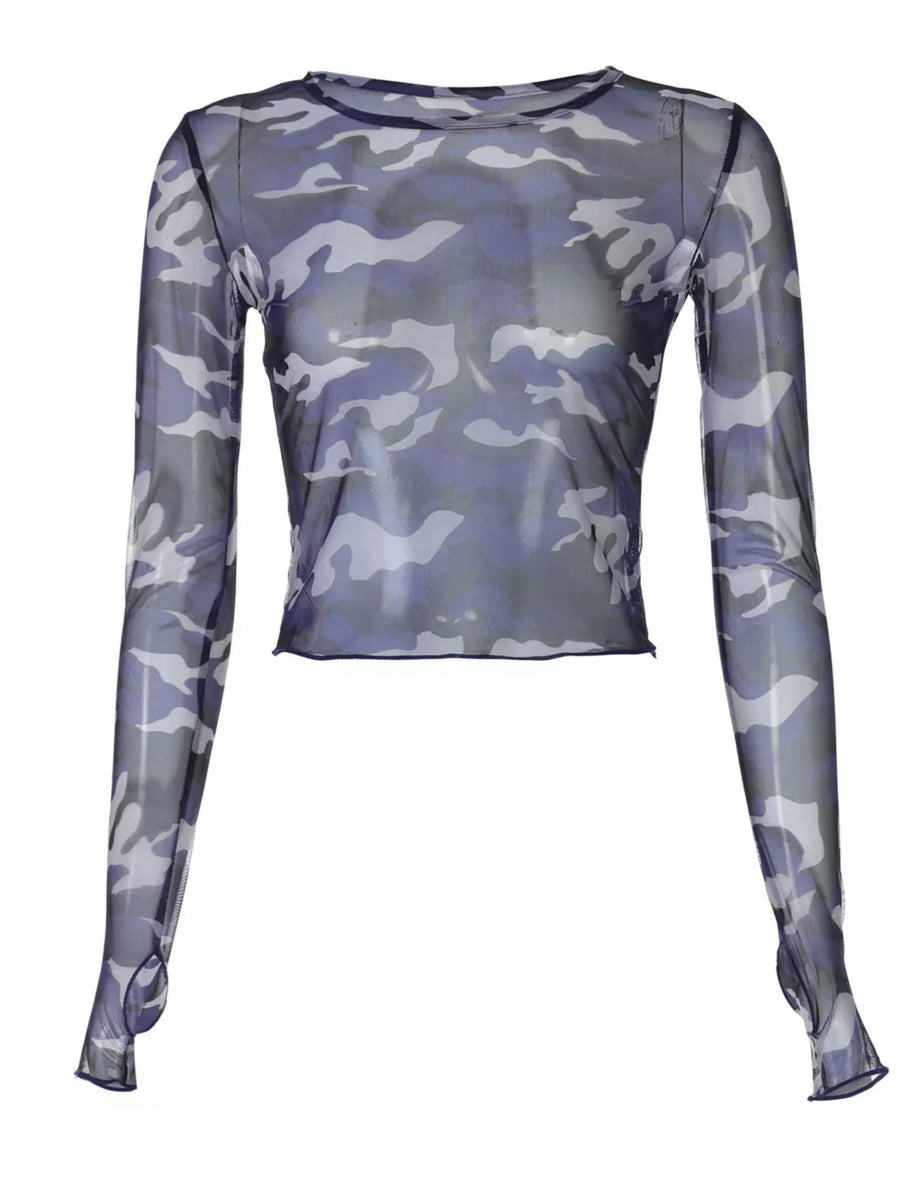 Sheer camouflage long sleeve tee in blue with thumbholes.