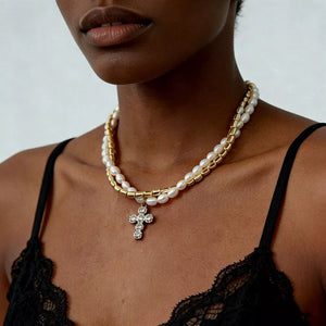 Elegant Pearl Alloy Necklace With Rhinestone Cross Pendant in Silver