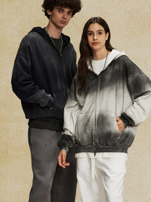 Ombre washed zip-up hoodie with pockets, black and white gradient wash.