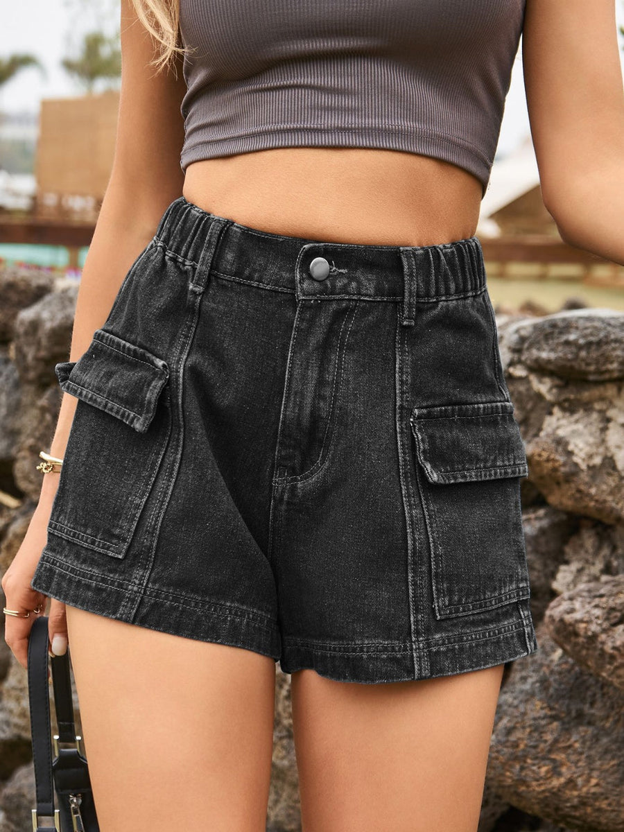 Black denim high-waist cargo shorts with elastic waistband and utility pockets.