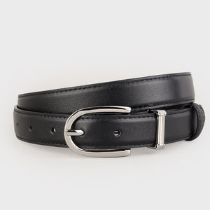 Black cowhide leather belt with silver buckle accent.