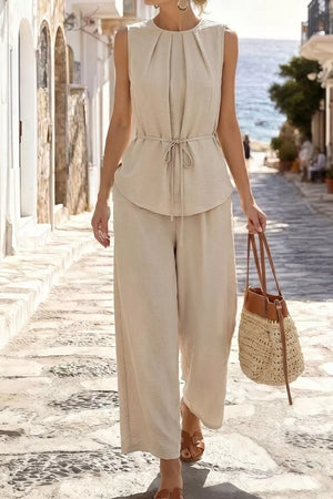 Beige with Pleated Sleeveless Top And Wide-leg Pants Set in Beige