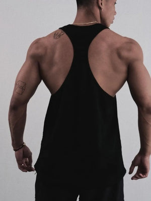 Black graphic muscle tank with racerback and athletic cut.