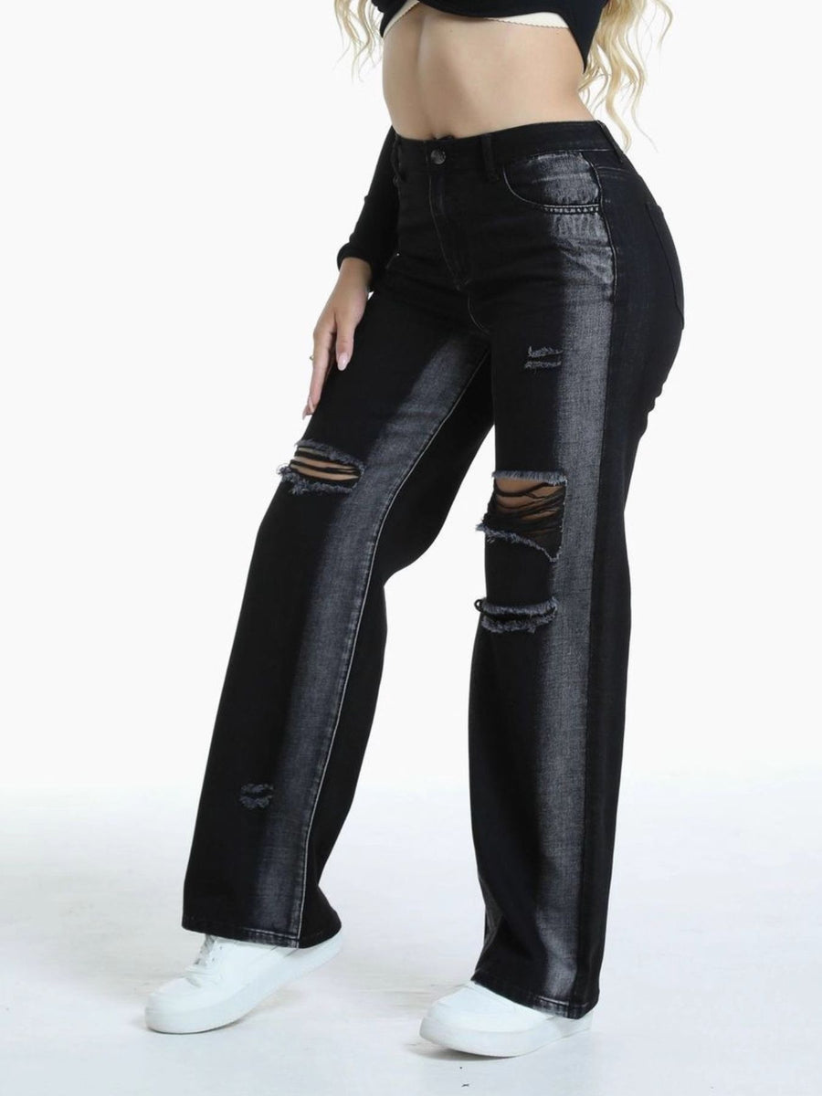 wide-leg jeans in Black with distressed and full-length