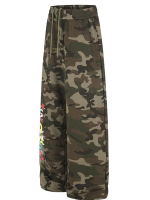 dark green wide-leg pants featuring drawstring waist and camo