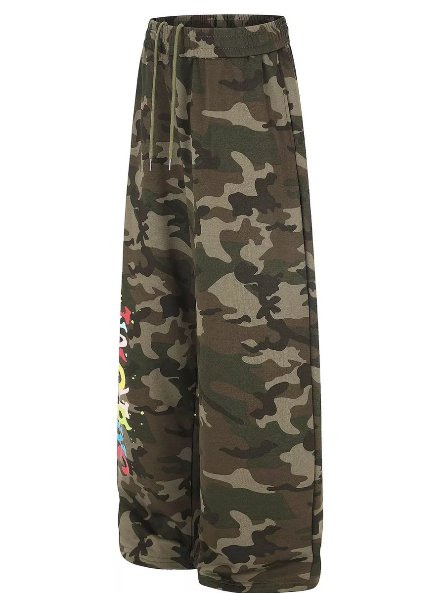 dark green wide-leg pants featuring drawstring waist and camo