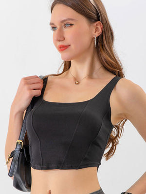 Black square neck corset crop top with seam detail