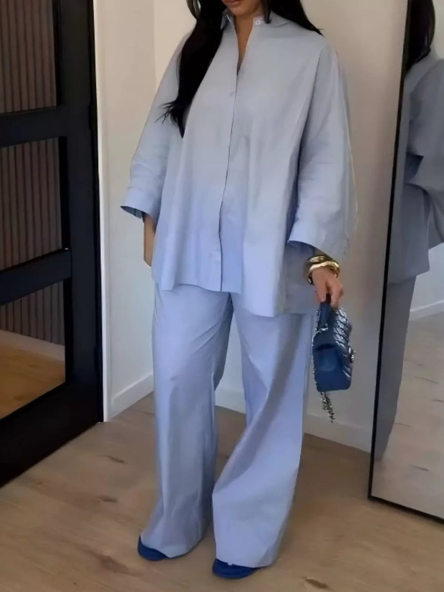 Sky Blue two-piece set with tunic-length and button-front