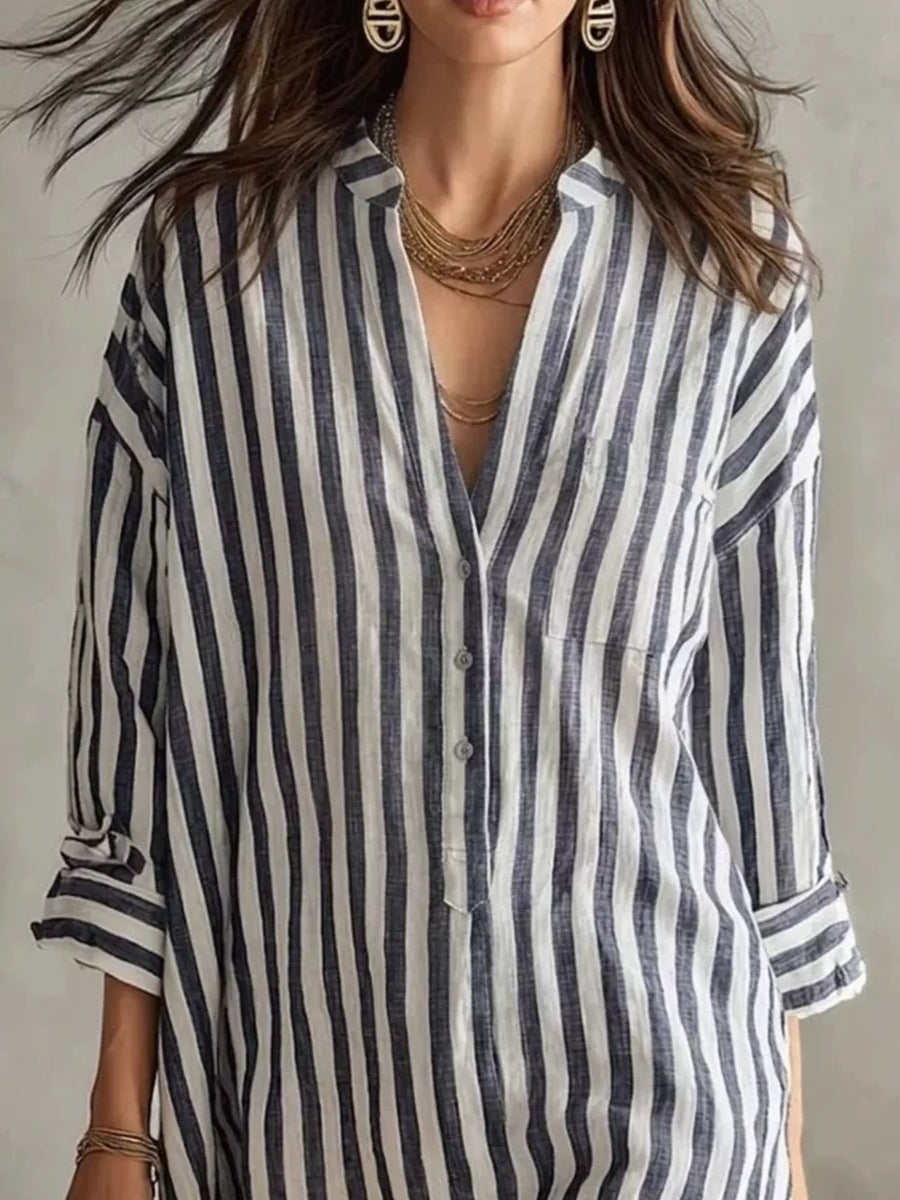 Full Size Striped 3/4 Sleeve Shirt Dress Plus Size in Green