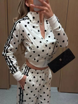 White Polka Dot Zip Up Outerwear And Pants Set