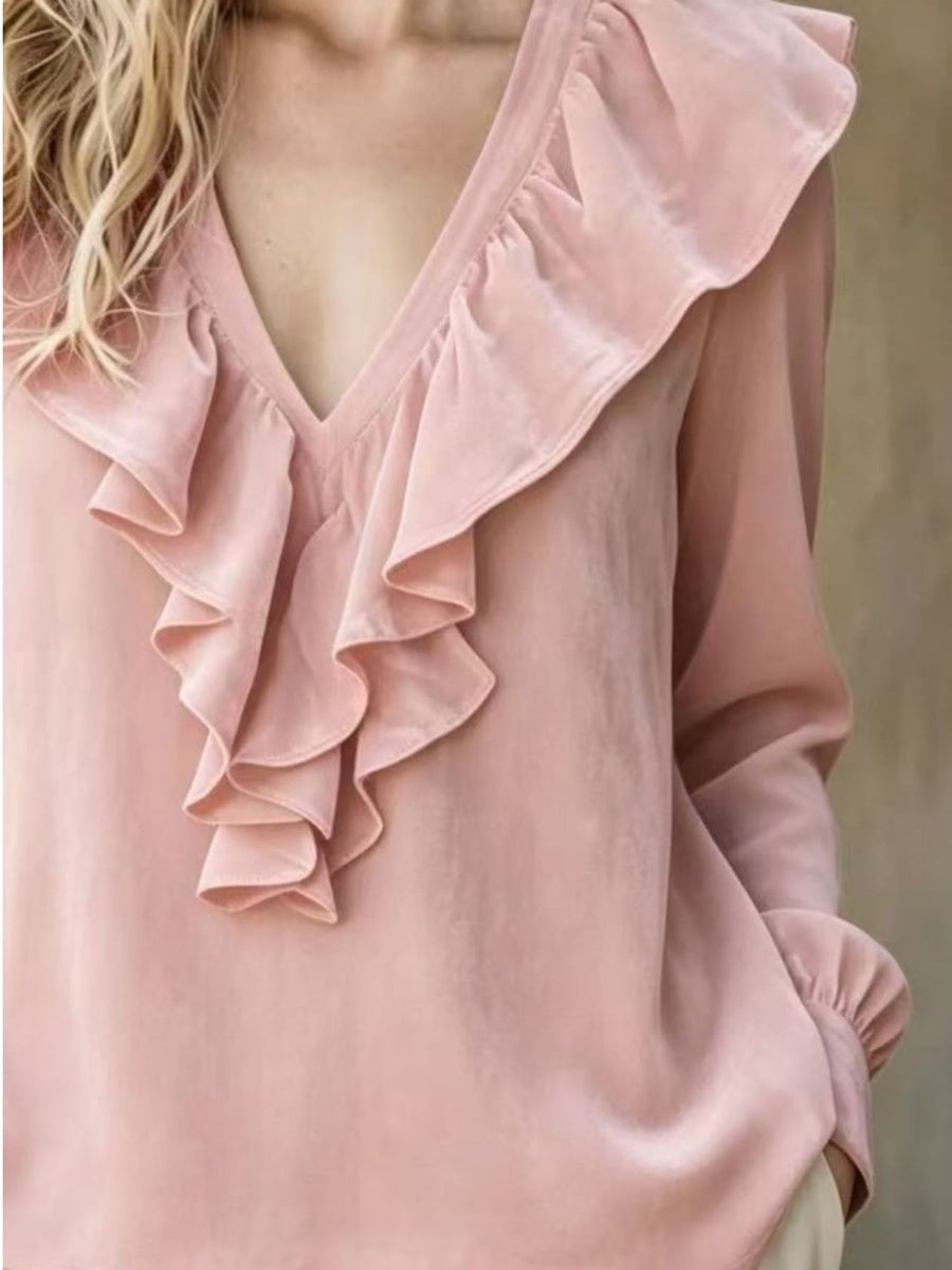 Velvet Ruffle V-Neck Blouse Plus Size in Camel with ruffled