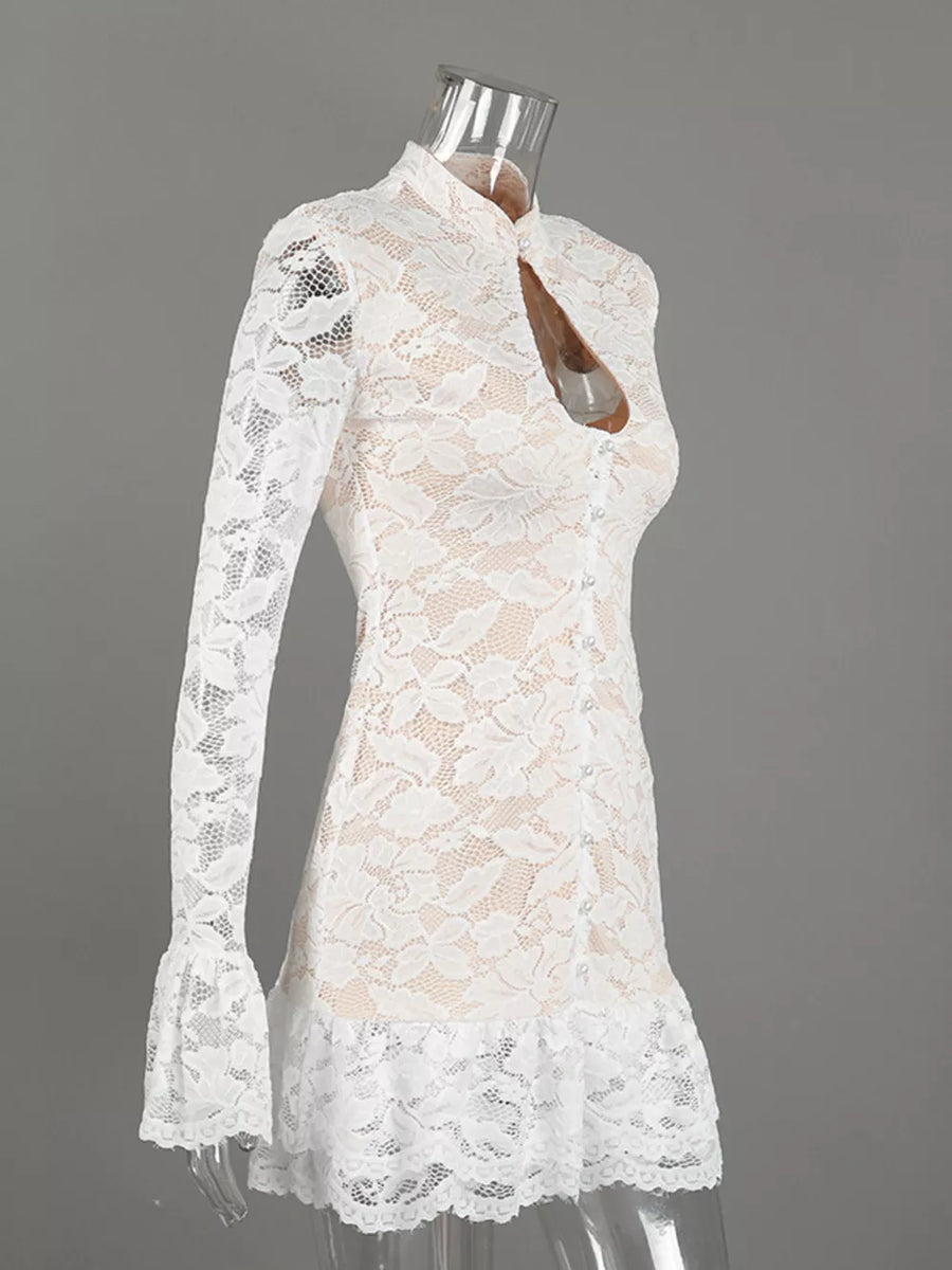 Lace Long-sleeve Ruched Mini Dress in White with lace