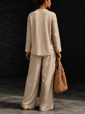 Notched Long Sleeve Top And Pants Set in Burgundy