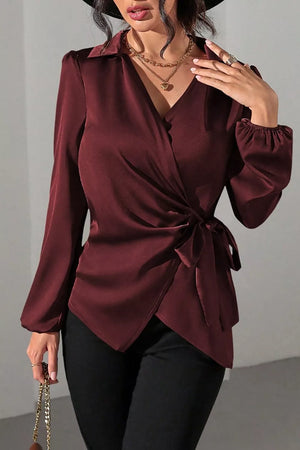 Satin Tied Detail Long Sleeve Blouse in Dark Gray with tied waist
