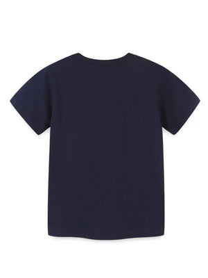 Navy blue toddler t-shirt with short sleeves and a crew neck.