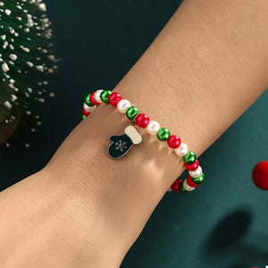 5 Piece Christmas Synthetic Pearl Bracelet in green with 5-piece set