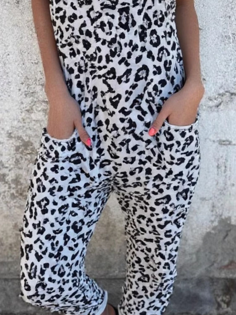 Leopard print slouchy cami jumpsuit in white with pockets