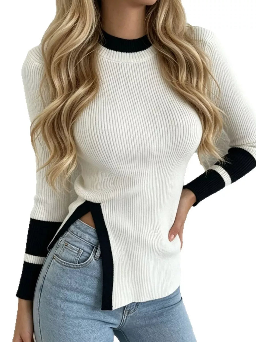 ivory pullover sweater with striped and crew neck