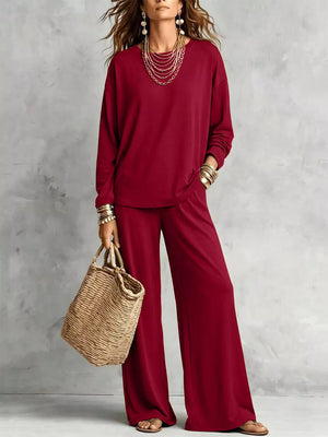 Burgundy relaxed two-piece set with round neck