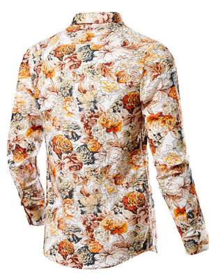 orange button-up shirt featuring buttoned and floral