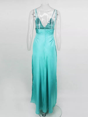 Pink A-line maxi dress with deep v-neck