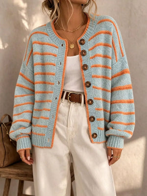tangerine orange cardigan featuring buttoned and striped
