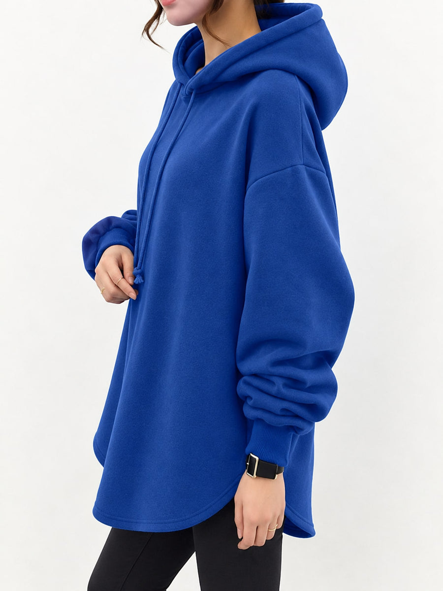 Full Size Drawstring Dropped Shoulder Hoodie in Blue with drawstring
