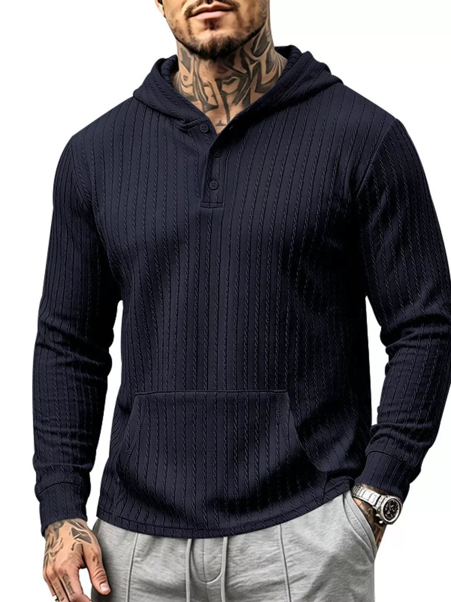 White pullover hoodie with hip-length and pullover, half-button