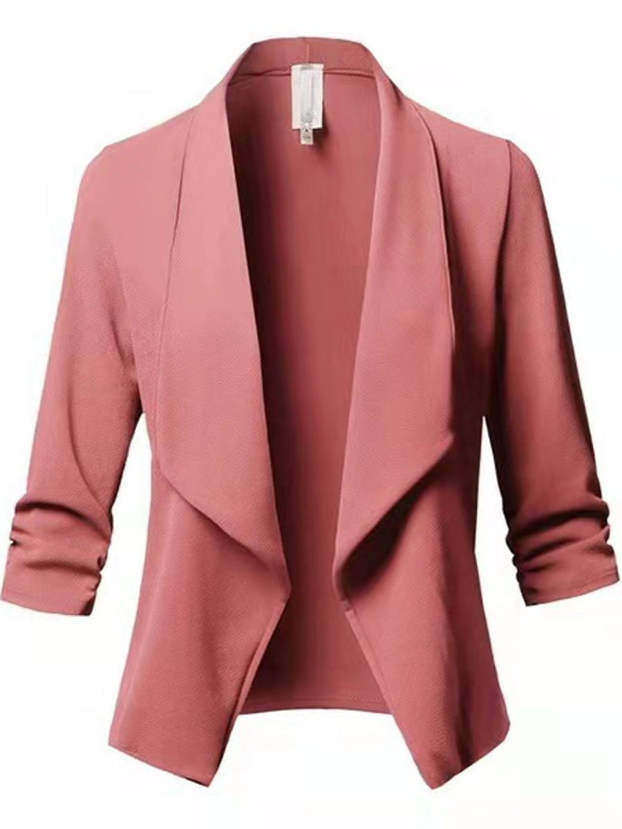 Full Size Open Front Drape Blazer 3/4 Sleeves in light gray with ruched
