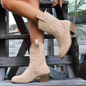 boots in Beige with embroidered and block heel