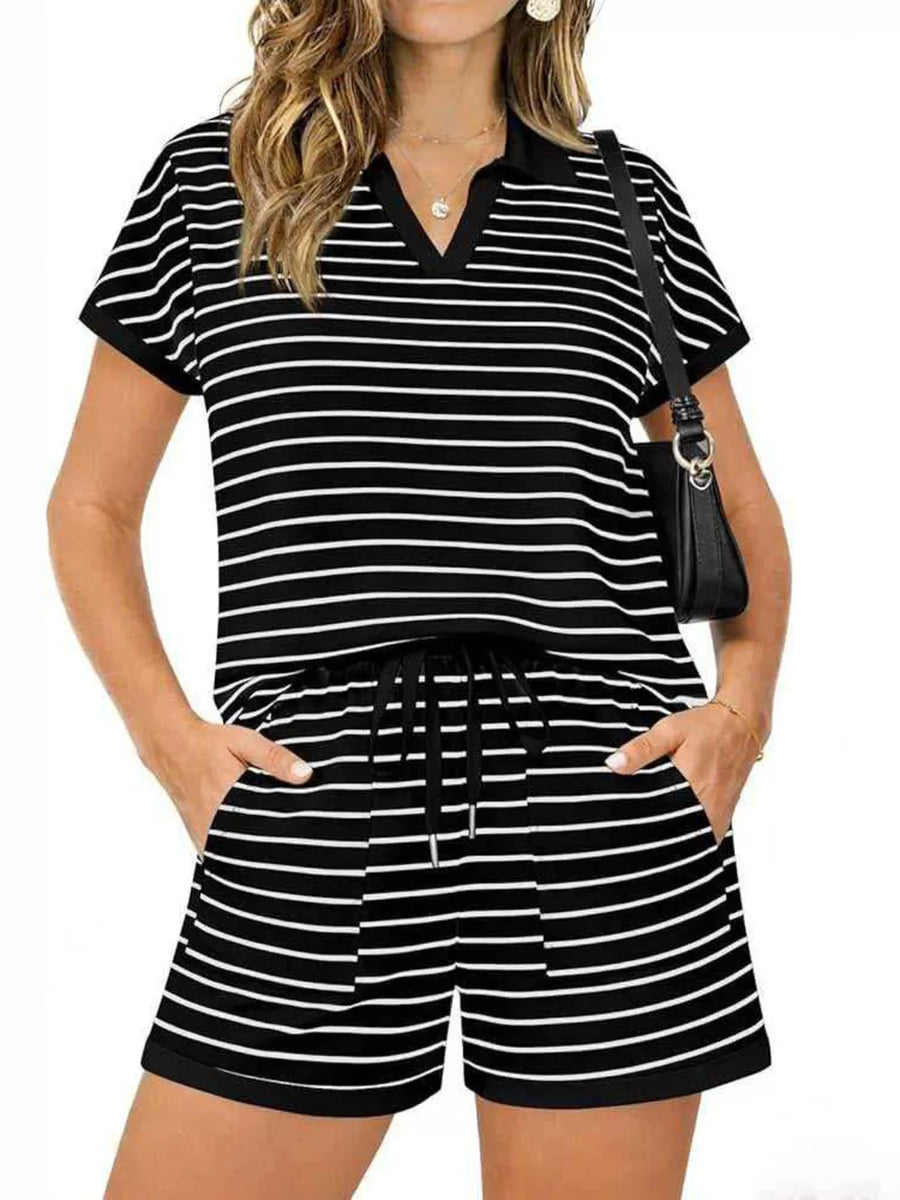 Black striped polo shirt and drawstring shorts loungewear set with pockets.