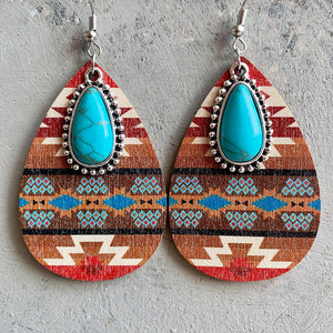 Southwestern print teardrop earrings with turquoise stone and alloy detail