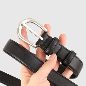 Black cowhide leather belt with sleek silver buckle and stitched detailing.