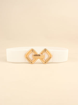 White elasticated waist belt with gold geometric buckle detail