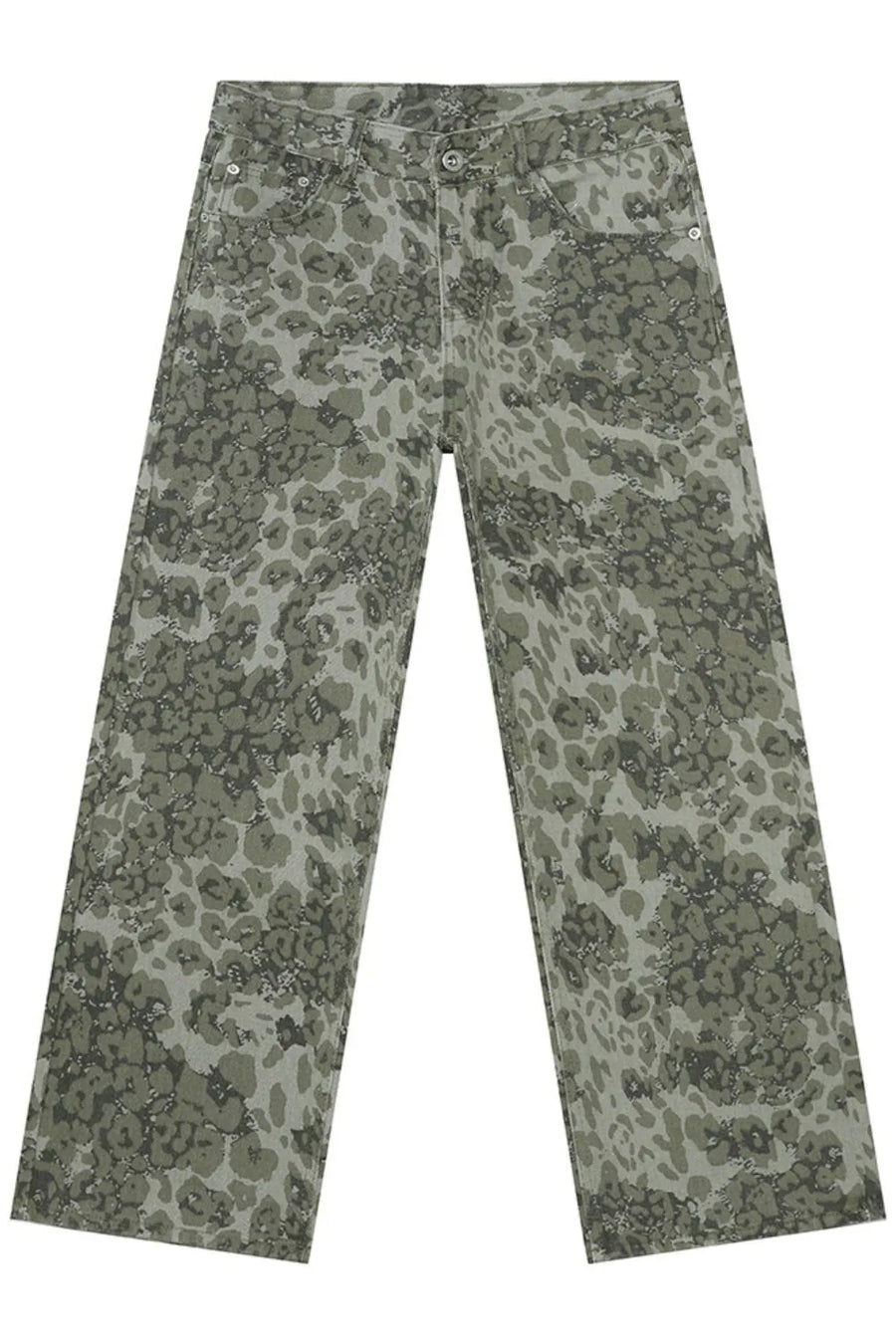 Camouflage wide-leg denim trousers in Sage with a relaxed fit.