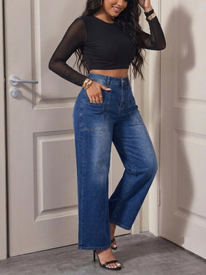 Peacock Blue wide-leg jeans with full-length and button-front