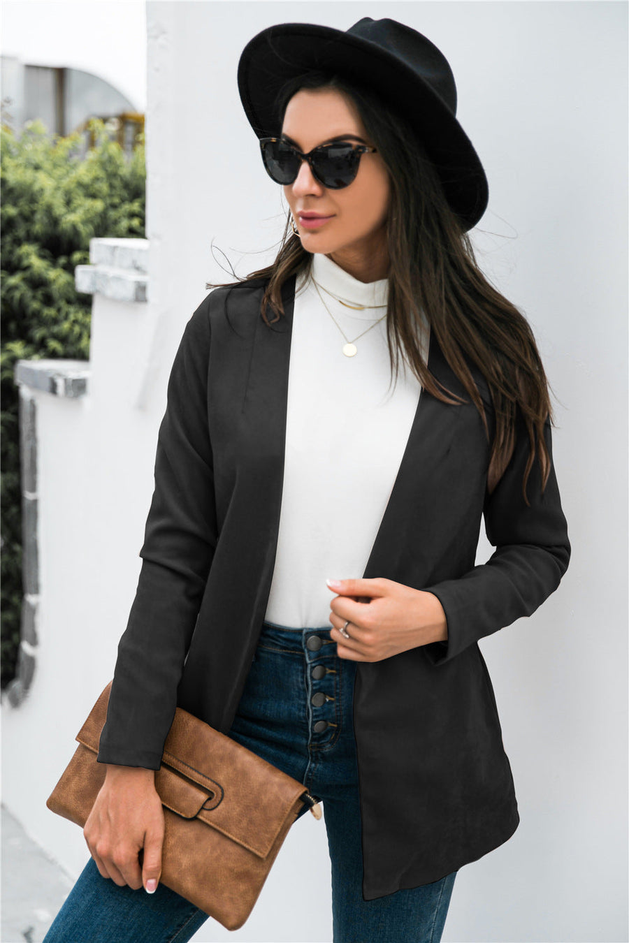 Black drape-front blazer with sculpted silhouette, open front, long sleeves, and a casual cut.