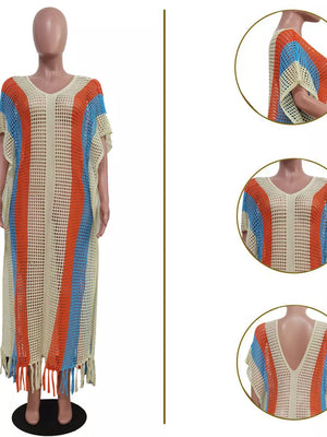 Vibrant striped crochet cover-up dress with fringe hem and V-neck.