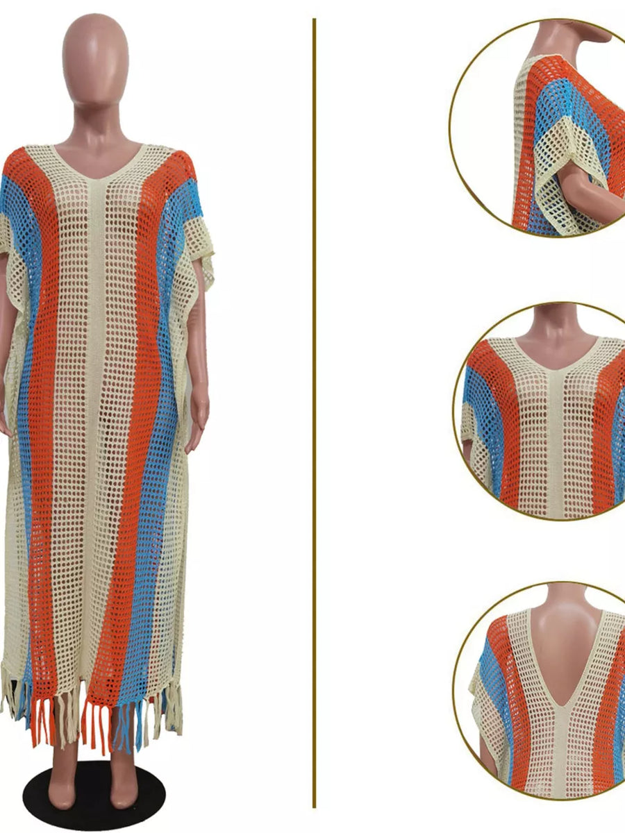 Vibrant striped crochet cover-up dress with fringe hem and V-neck.