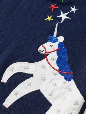 Navy blue sweatshirt with embroidered white unicorn and colorful stars.