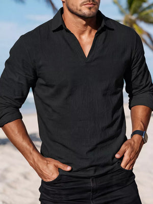 95%cotton, 5%spandex Care instructions: Machine wash cold camp shirt in Black with relaxed silhouette