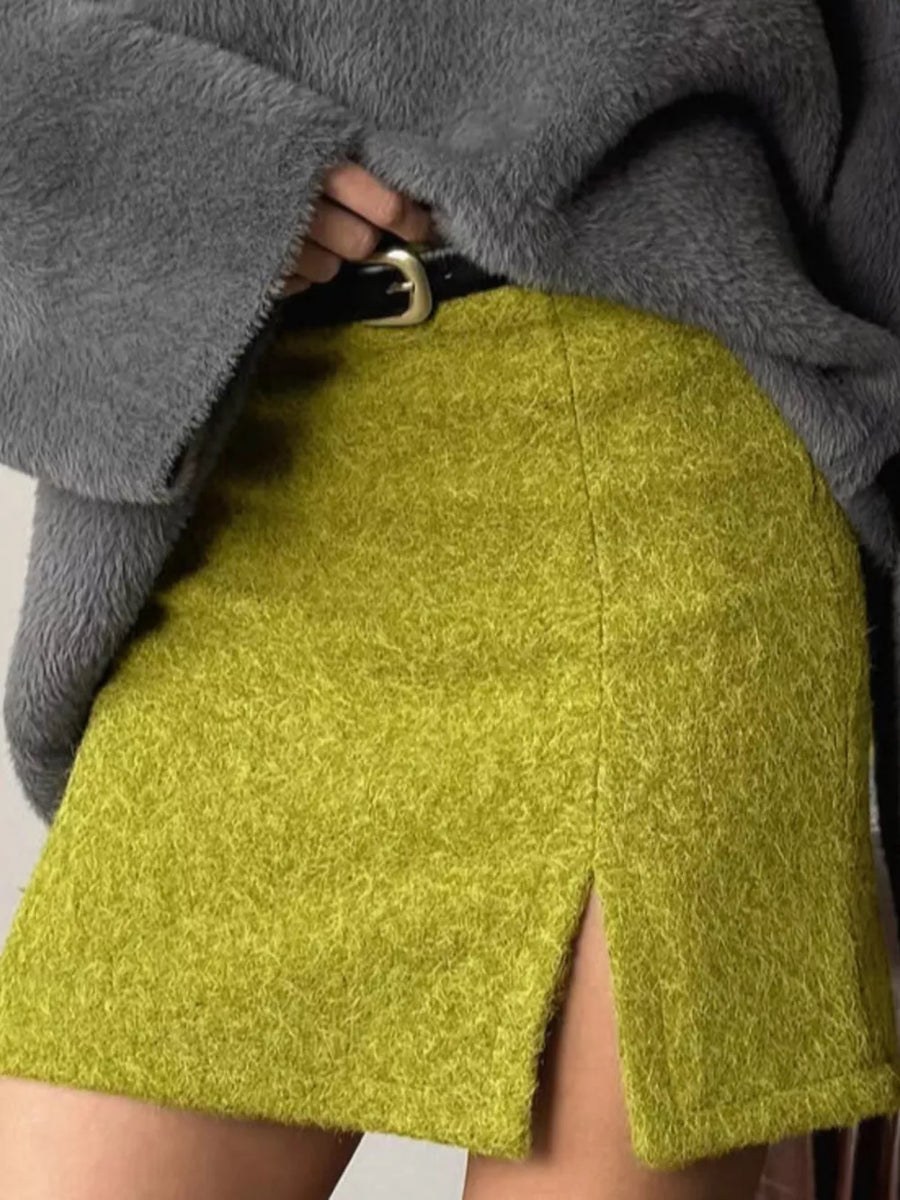 Textured Mini Skirt With Front Slit in lime green with belted
