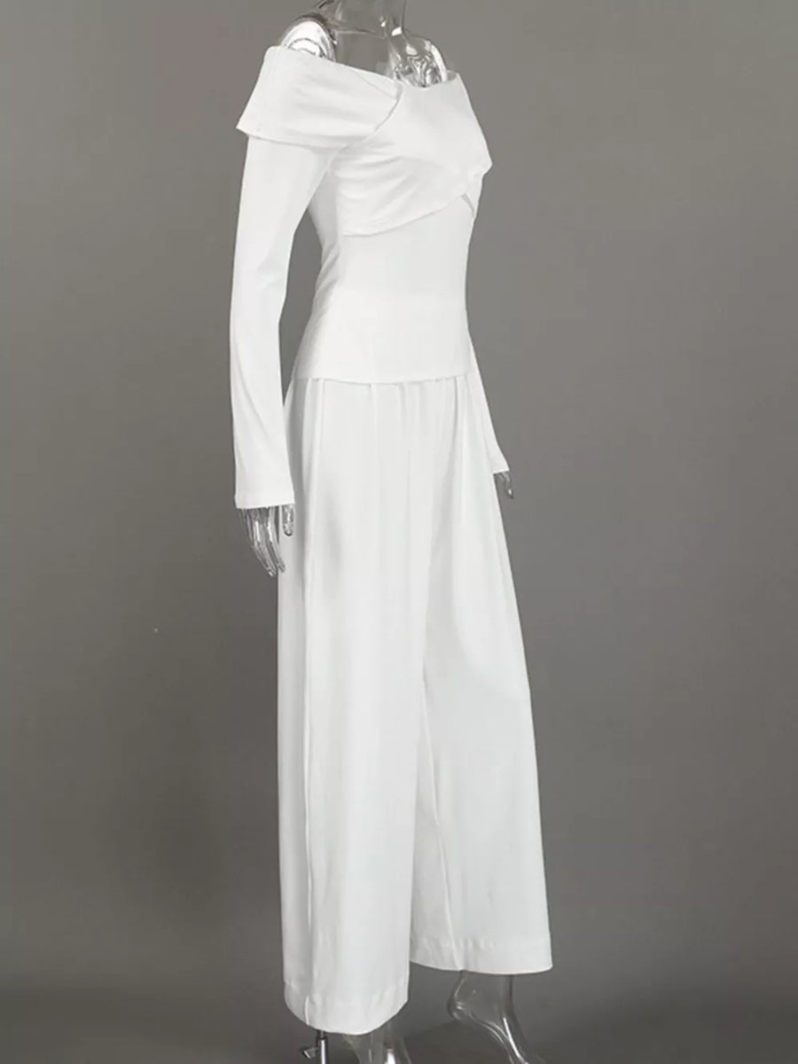modern off-shoulder top and wide-leg pants set in Black with off-shoulder