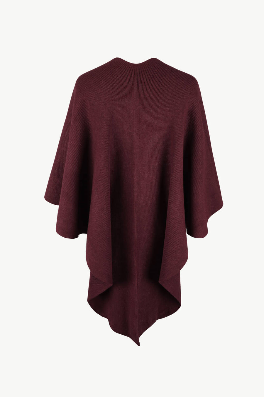 Wine knit cape with draped silhouette and pointed hem