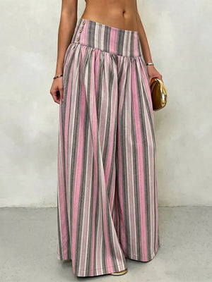 gray wide-leg pants featuring buttoned and striped