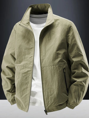 Army Green windbreaker with hip-length and zip-front